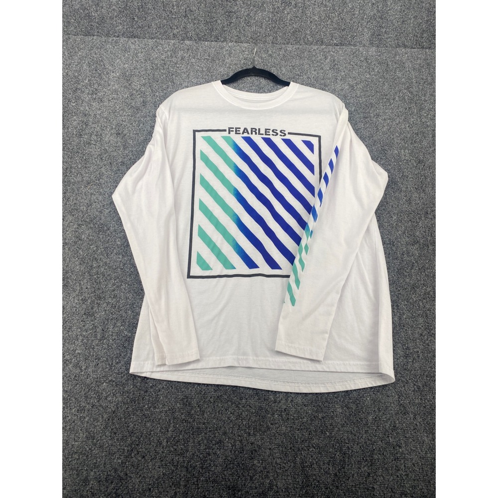 Fresh Laundry Fearless Graphic Tee Mens Large White Long Sleeve Blue Teal Stripe